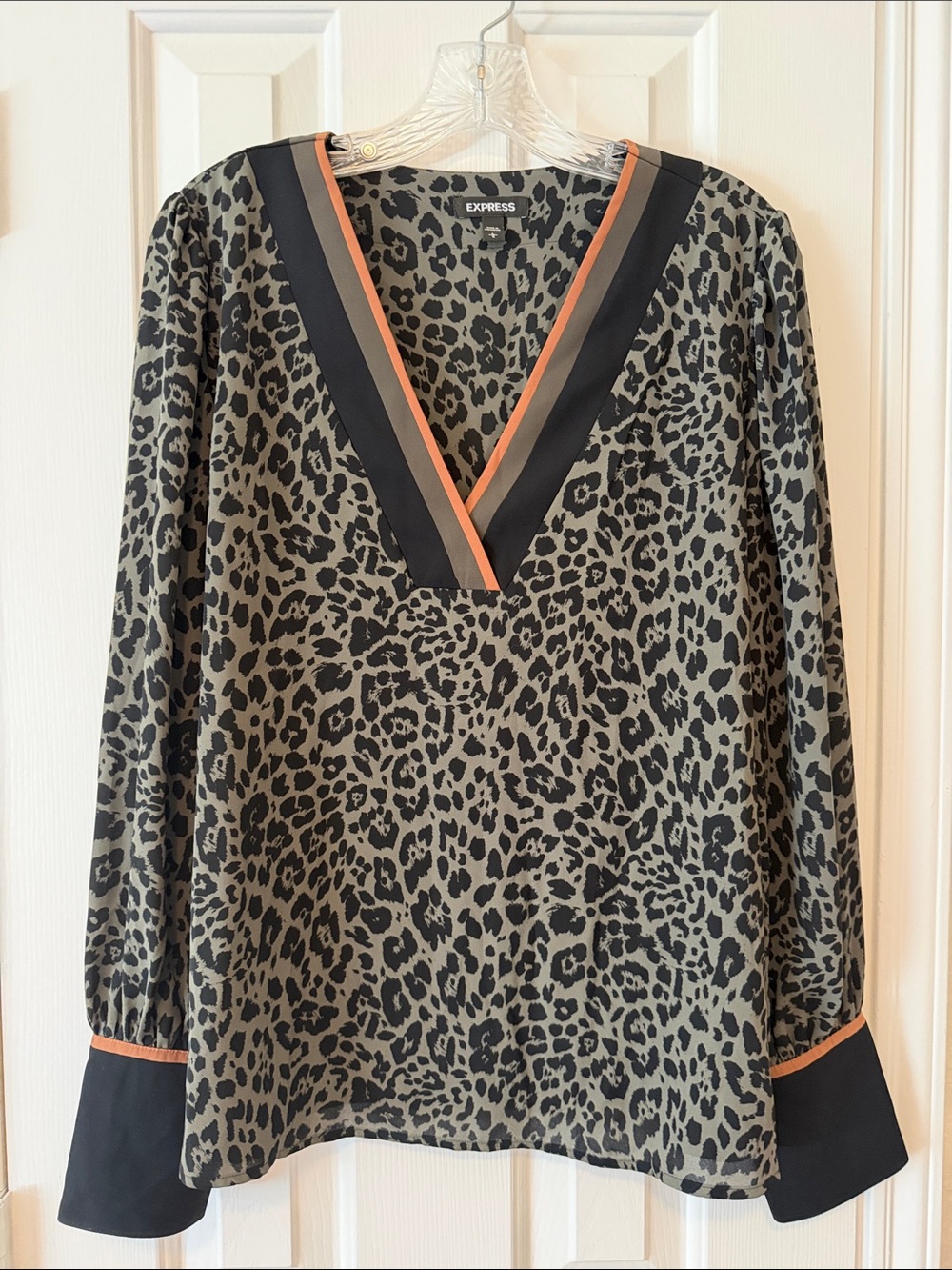 Express Olive Leopard V-Neck Tunic with Black & Orange Trim